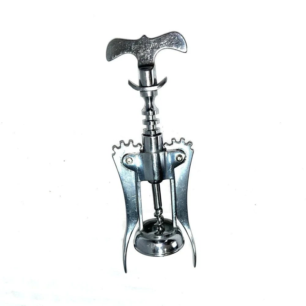 Vintage Brevettato Italy Plated Brass Wing Corkscrew Wine Opener w/Curved Handle